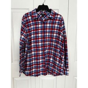 Lands End Womens Red White Blue Plaid Flannel Button Down Shirt Size 18